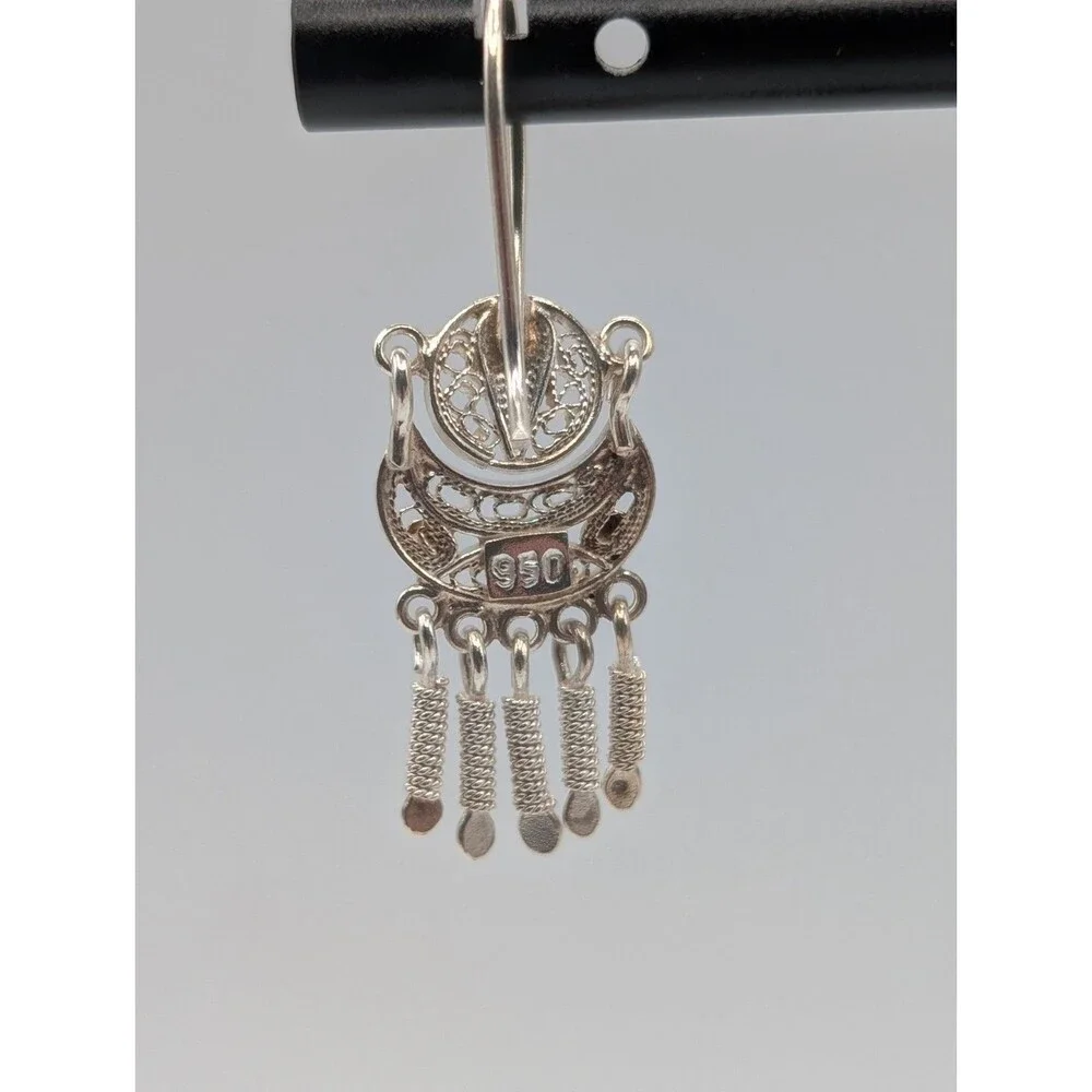 Peruvian Marked 950 Sterling Silver Filigree Handmade Inca Andean Drop Earrings